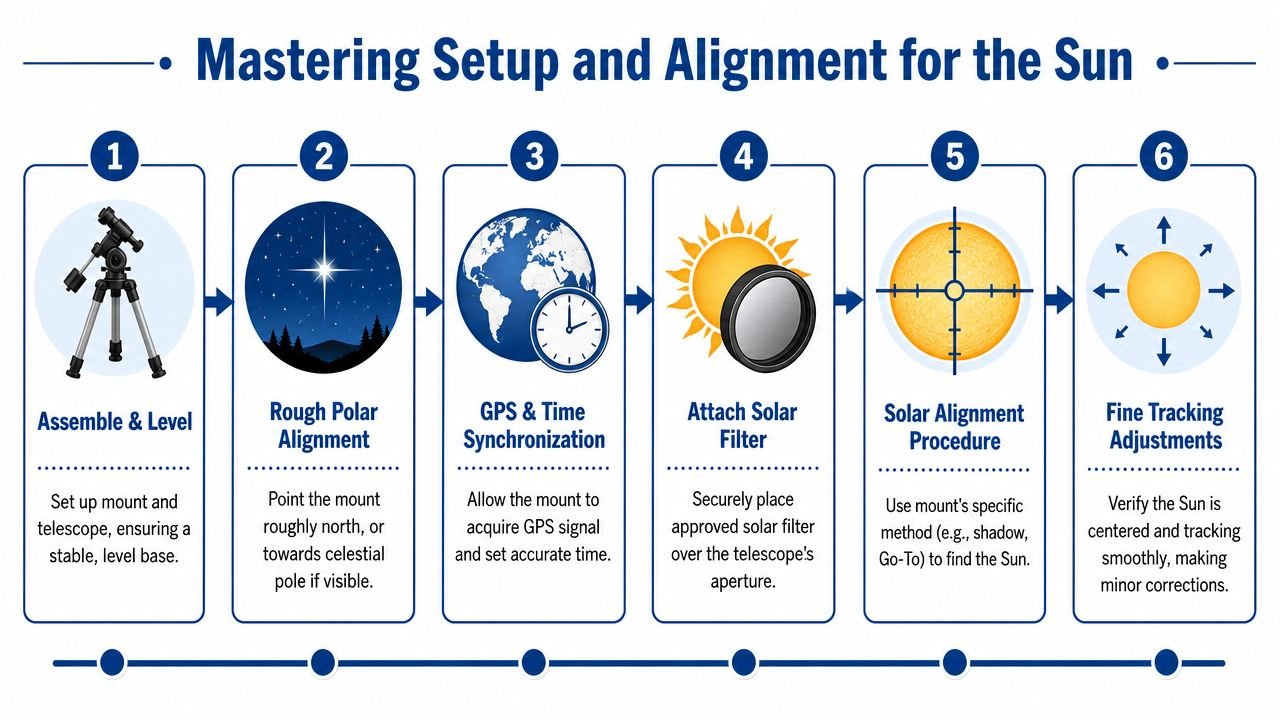 A six-step infographic illustrating the process of setting up and aligning a telescope for solar observation.