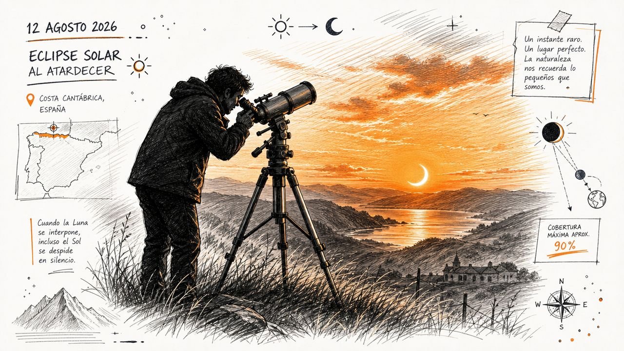 A sketched illustration of a person using a telescope to view a solar eclipse at sunset.