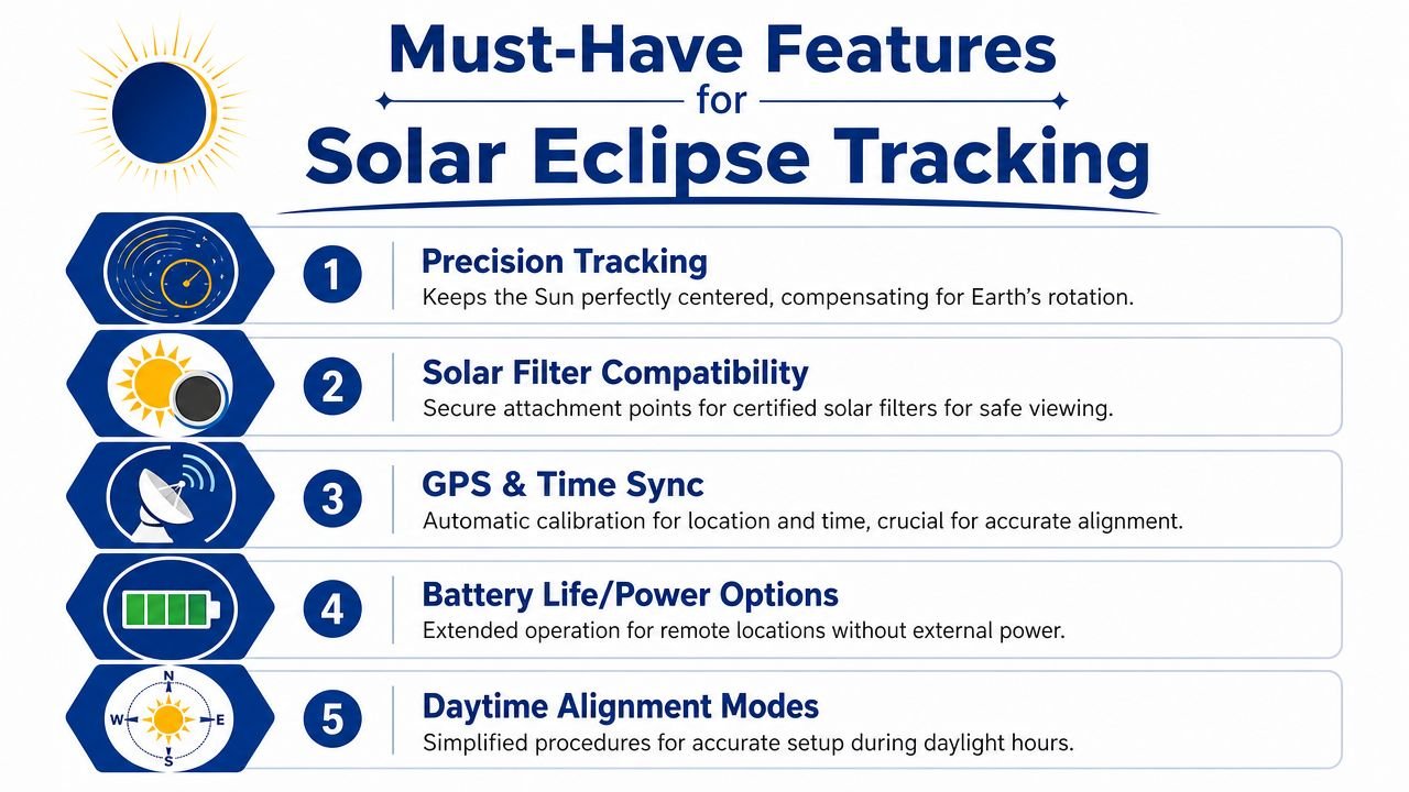 An infographic detailing five essential technical features for high-performance solar eclipse tracking and observation equipment.