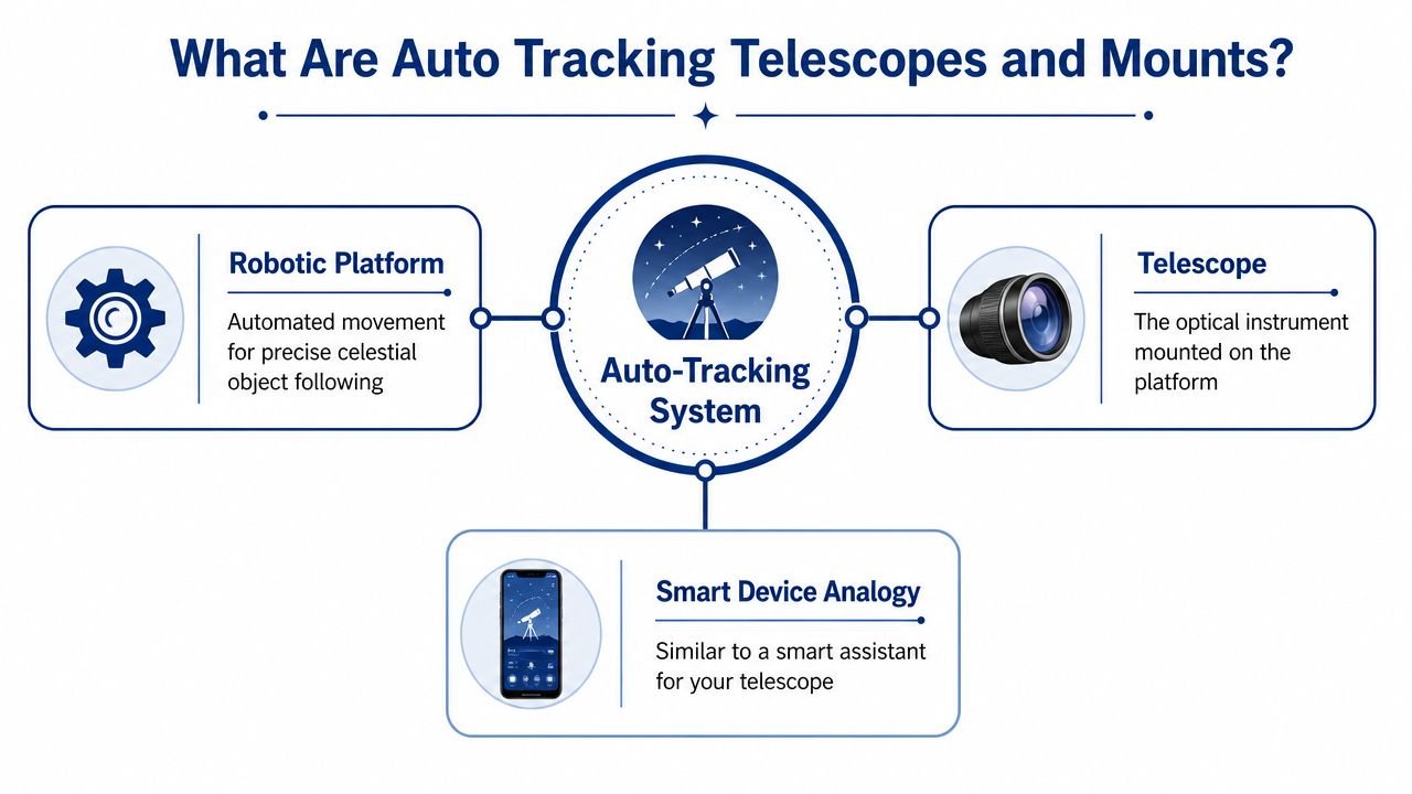 A diagram illustrating the components of an auto-tracking telescope system, including the robotic platform, telescope, and smartphone.