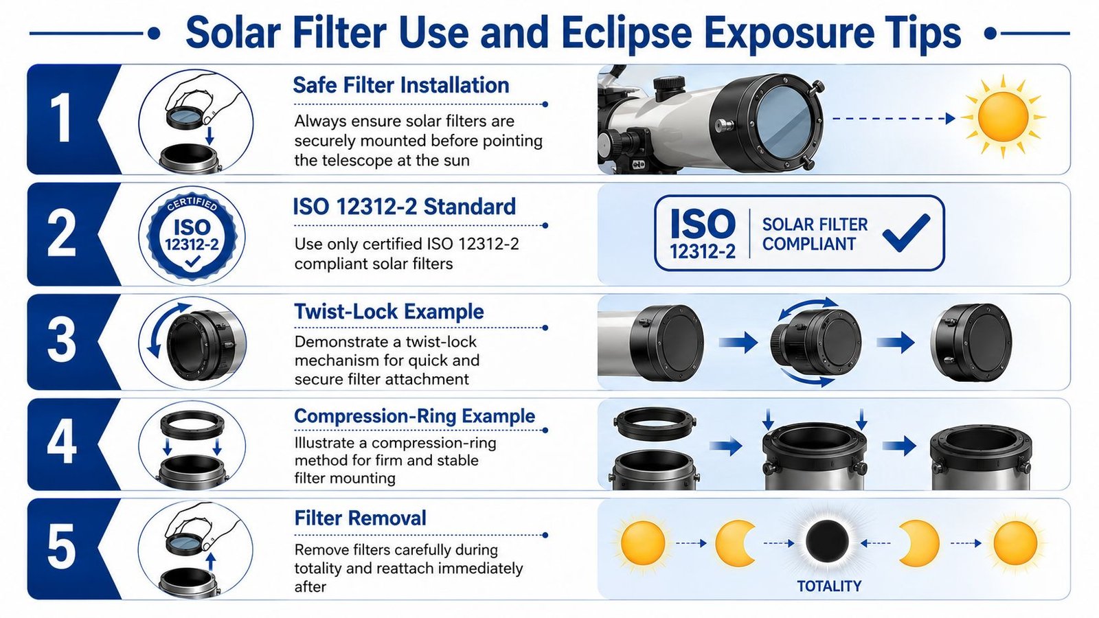 An infographic detailing five essential safety steps for using solar filters with telescopes during a solar eclipse.