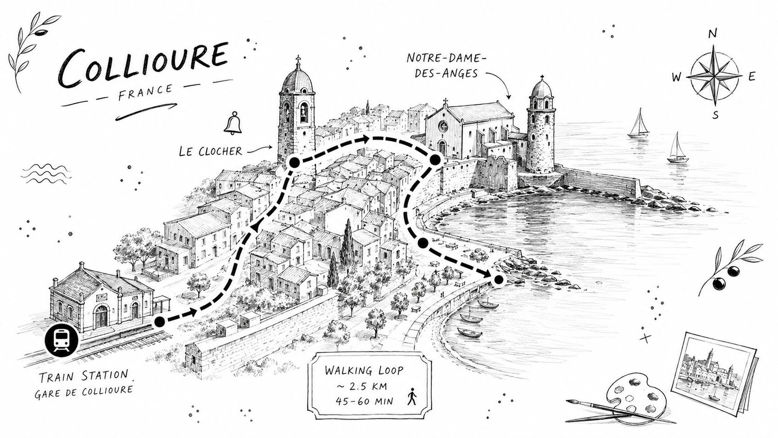 A hand-drawn illustrated map showing a scenic walking path in Collioure, France, starting at the train station.