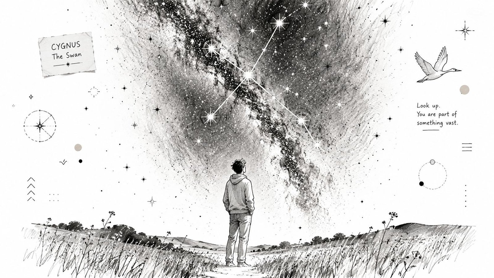 A person standing in a grassy field looking up at the Cygnus swan constellation in the sky.