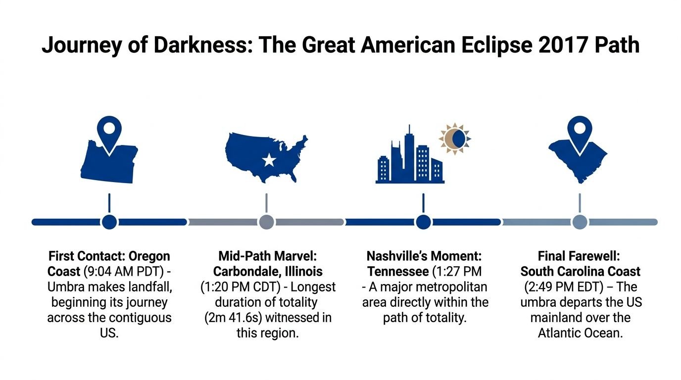 A timeline graphic showing the path of the 2017 Great American Eclipse across the United States.