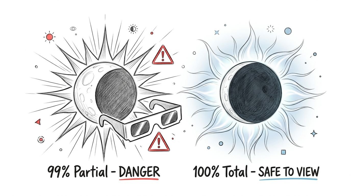 A diagram comparing solar eclipse phases, showing partial eclipse is dangerous and total eclipse is safe.