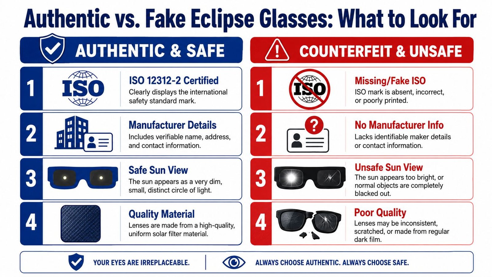 An infographic comparing authentic and safe eclipse glasses with counterfeit and unsafe alternatives using four distinct points.