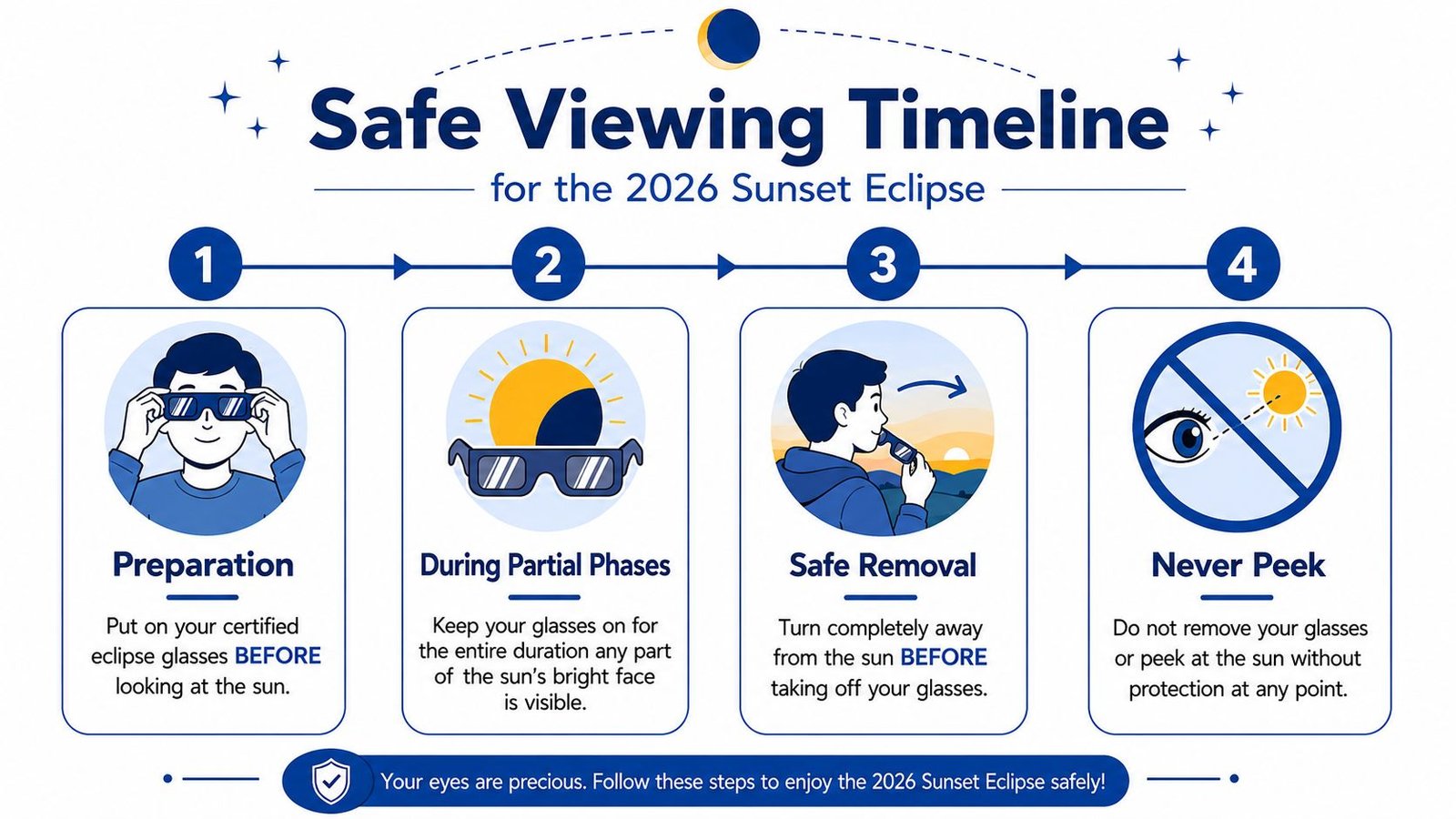 An infographic showing four steps for safely viewing the 2026 sunset eclipse with protective glasses.