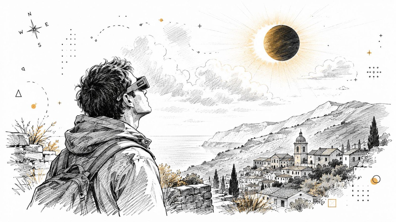 A person wearing protective eclipse safety glasses gazes up at a solar eclipse over a coastal village.