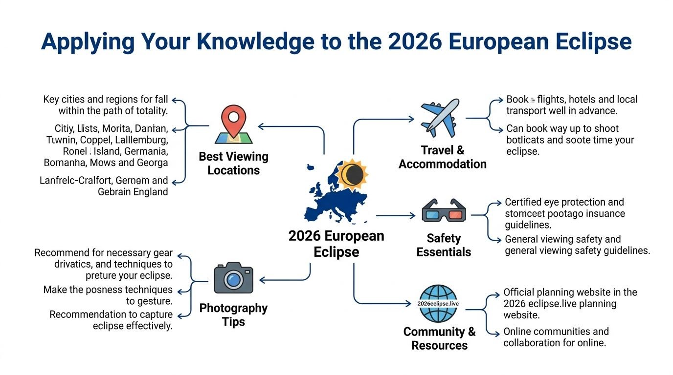 An infographic titled Applying Your Knowledge to the 2026 European Eclipse with tips on locations, travel, and safety.