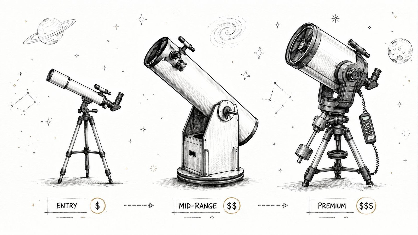 A diagram illustrating three types of telescopes ranging from entry-level to premium for stargazing enthusiasts.