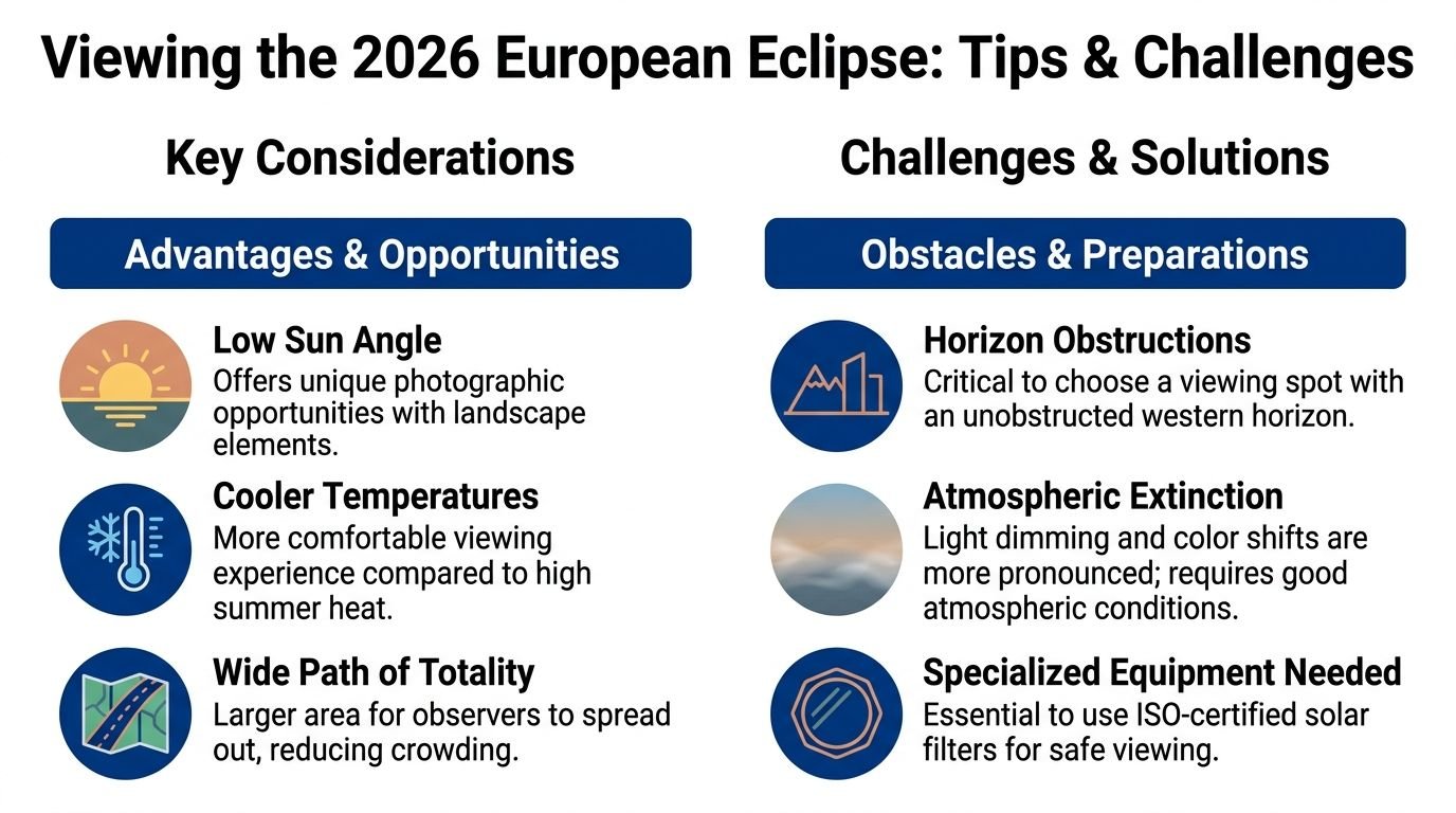 An infographic titled Viewing the 2026 European Eclipse detailing key advantages, challenges, and preparation tips for viewers.