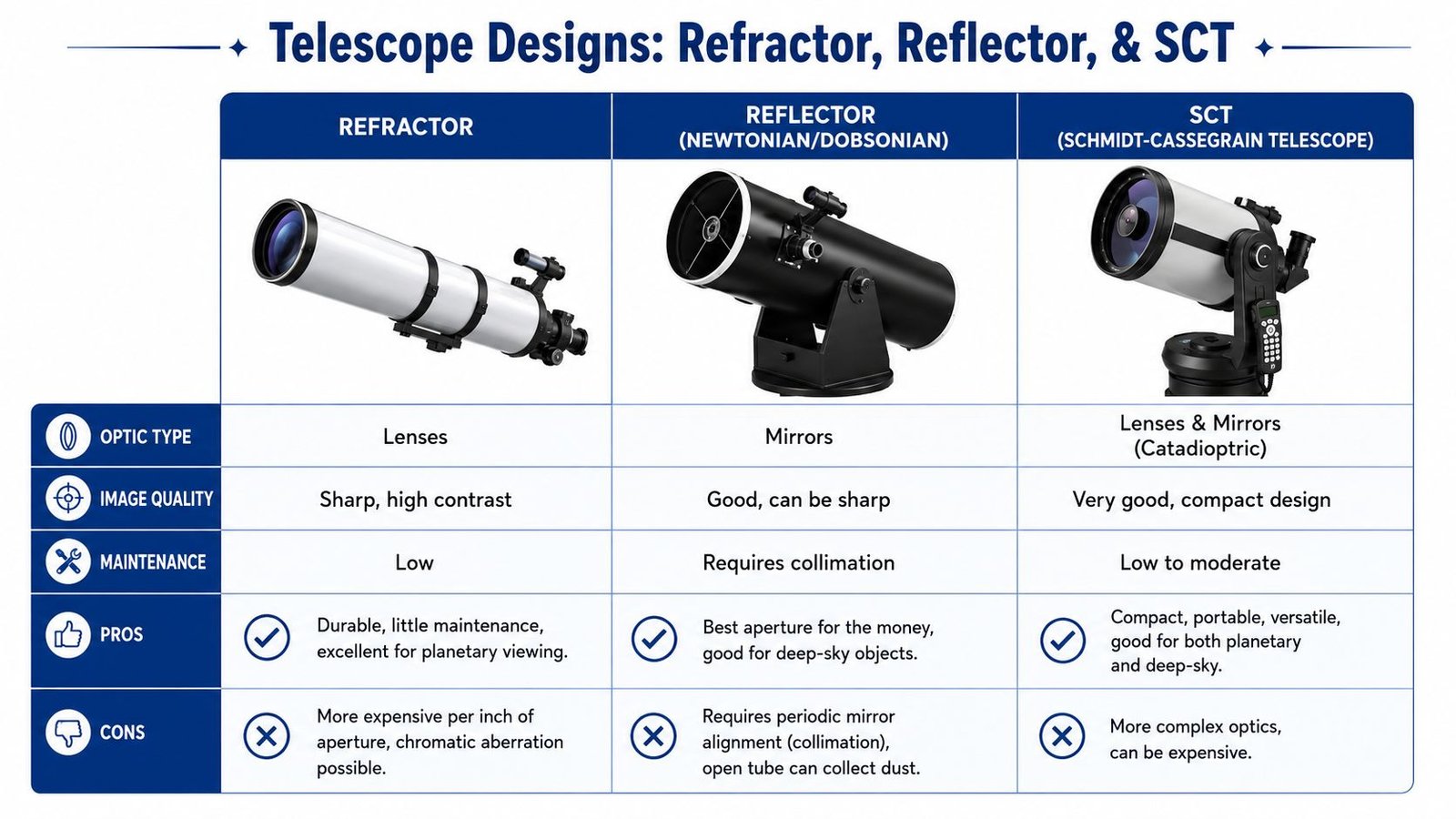 A comparison chart outlining the differences between Refractor, Reflector, and Schmidt-Cassegrain telescope designs and their features.