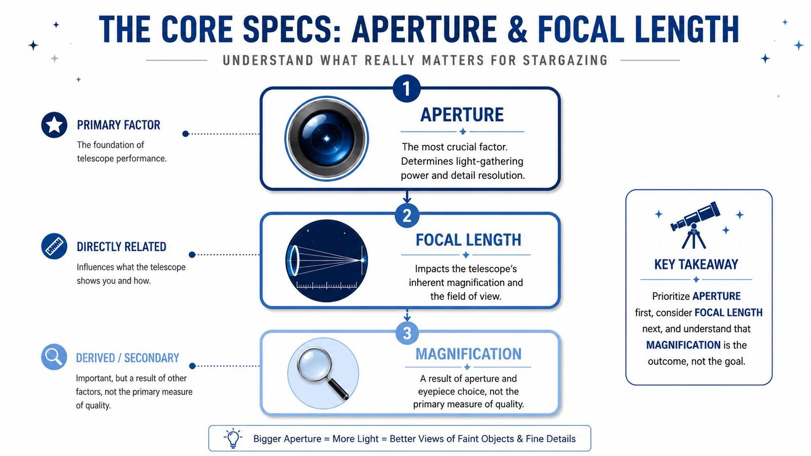 An infographic explaining that aperture is more important than focal length and magnification for choosing a telescope.