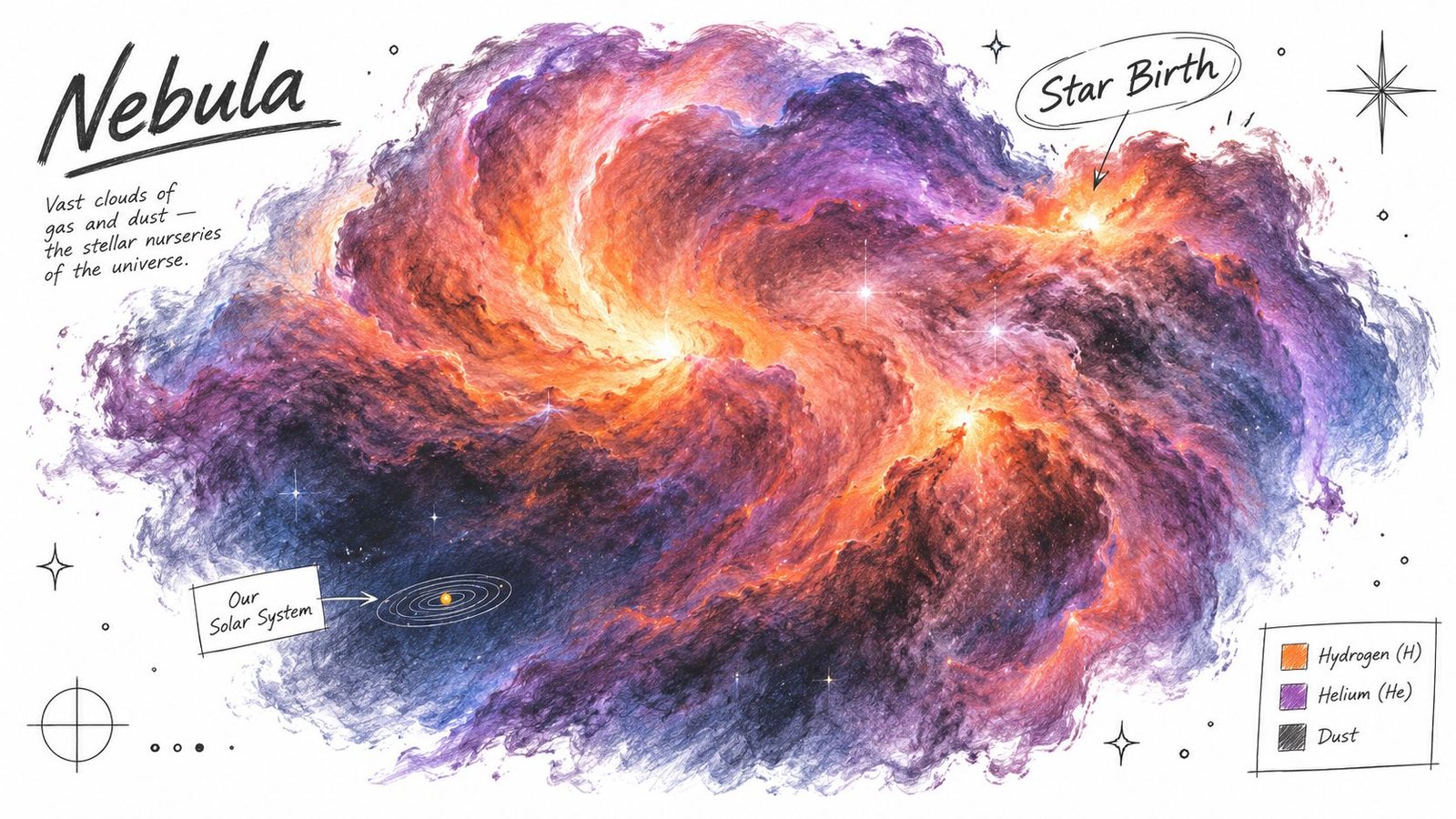 An artistic illustration of a vibrant nebula showing gas, dust, star birth, and our solar system.