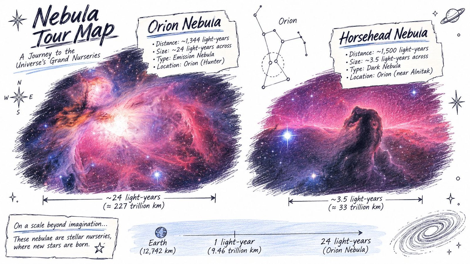 An infographic titled Nebula Tour Map comparing the sizes and distances of the Orion and Horsehead nebulae.