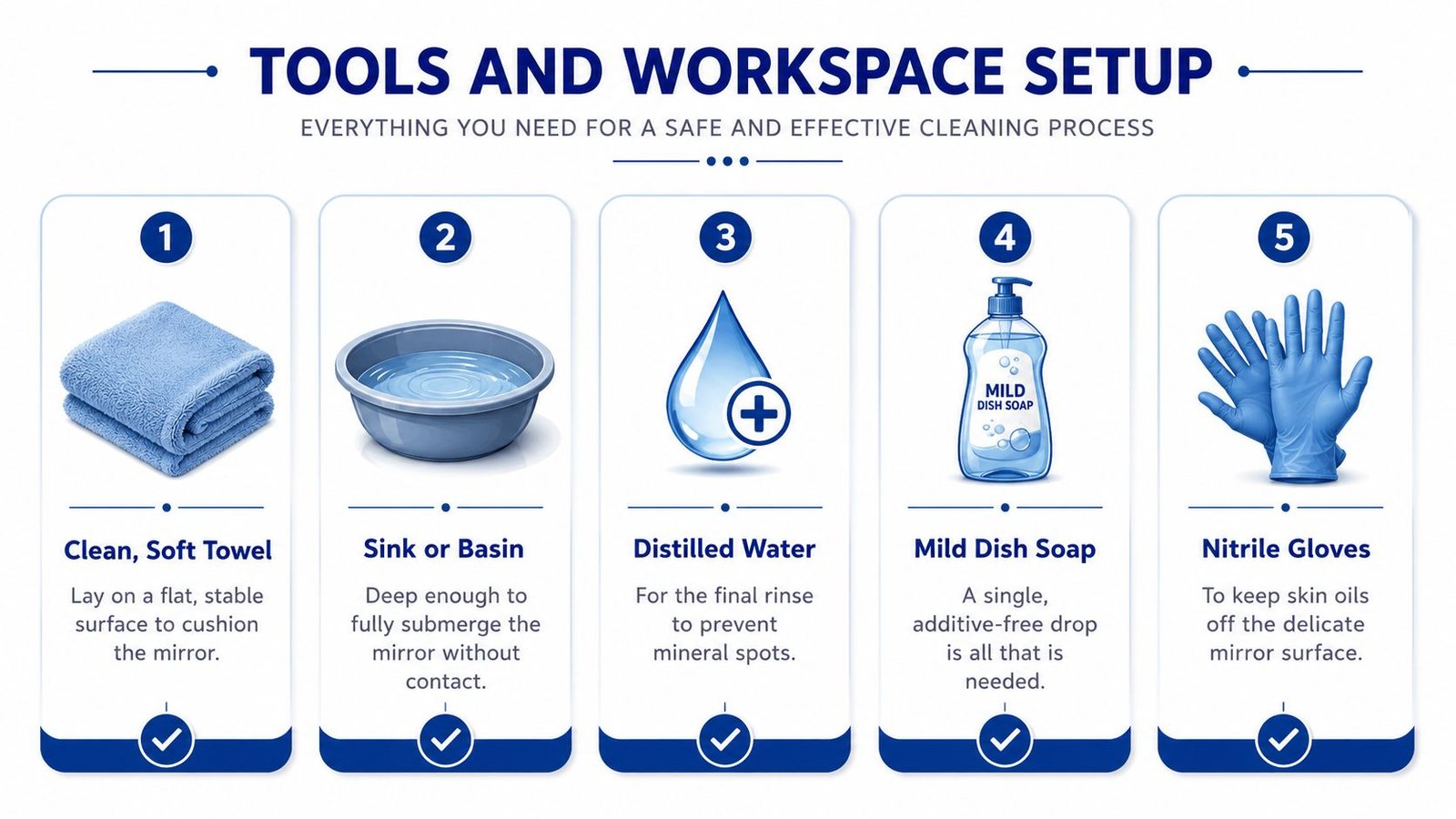 An infographic displaying five essential tools for safely cleaning a telescope mirror on a workspace surface.