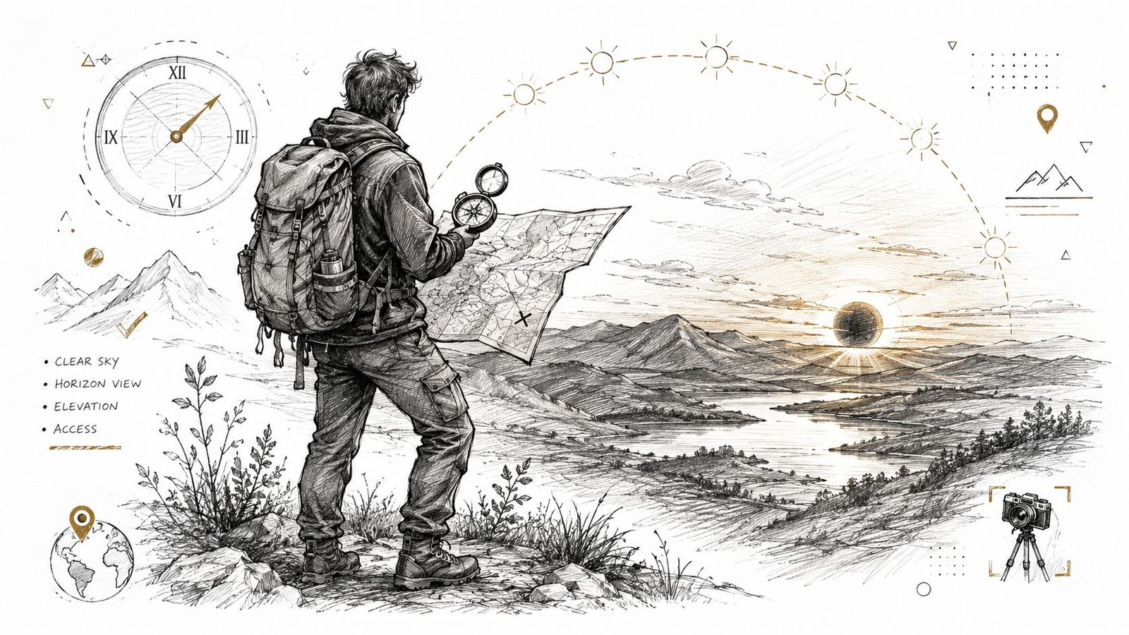 A detailed sketch of a hiker looking at a map while viewing a solar eclipse in mountains.