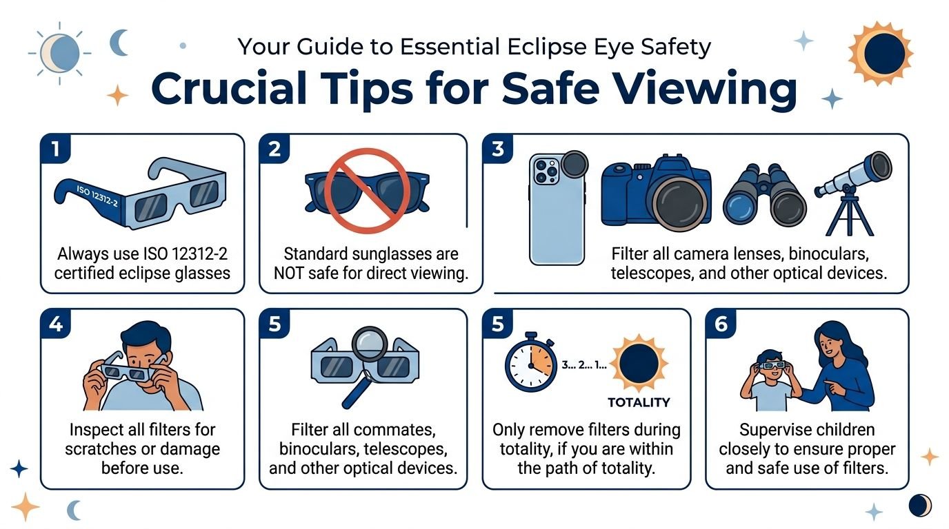 An infographic titled Your Guide to Essential Eclipse Eye Safety, showing six safety tips for viewing an eclipse.