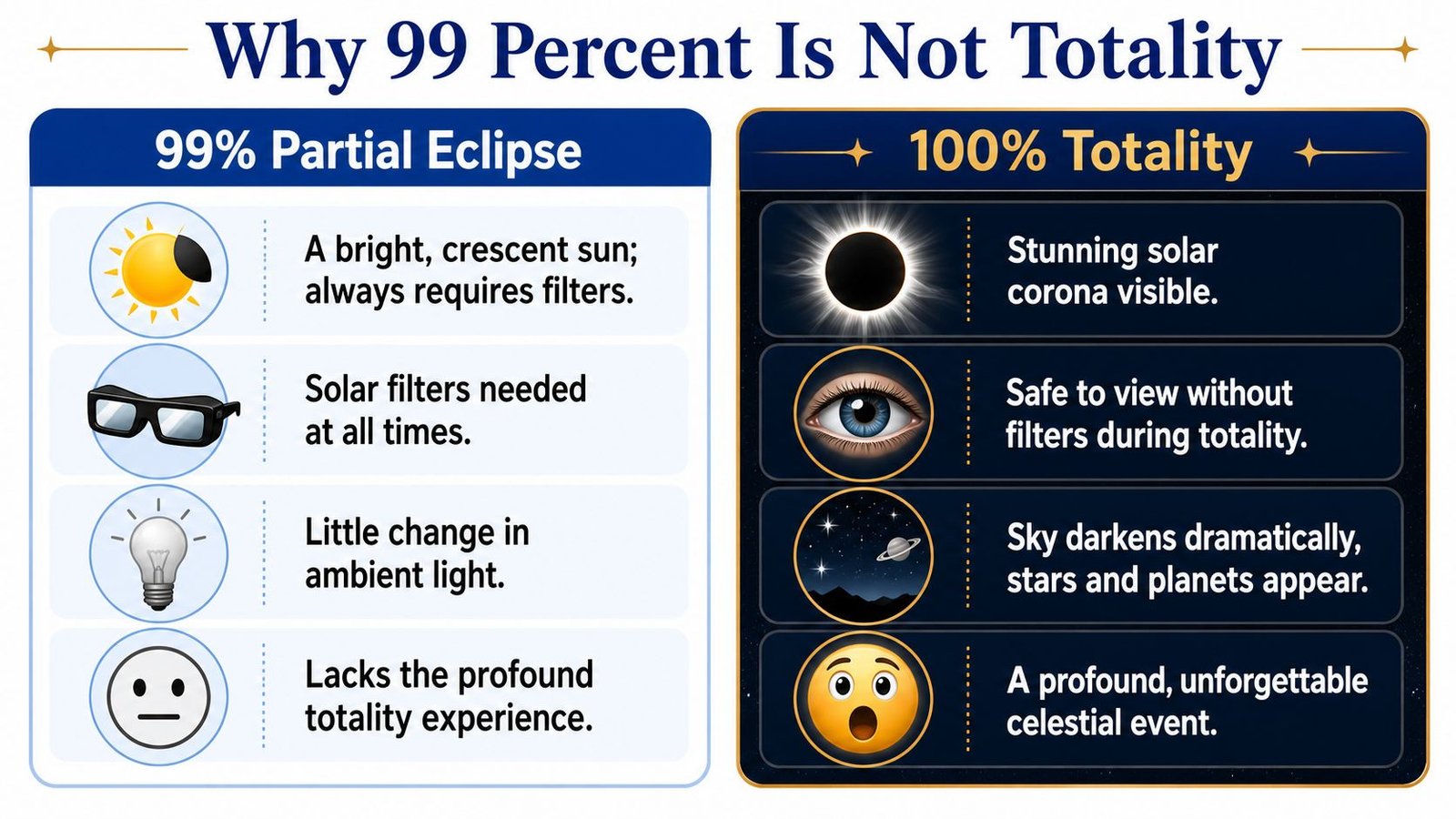 A comparison chart showing the differences between a 99 percent partial solar eclipse and 100 percent totality.