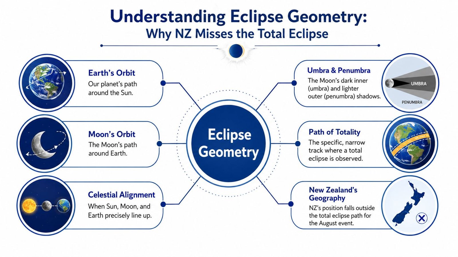 A diagram explaining eclipse geometry and why New Zealand misses the path of a total solar eclipse.