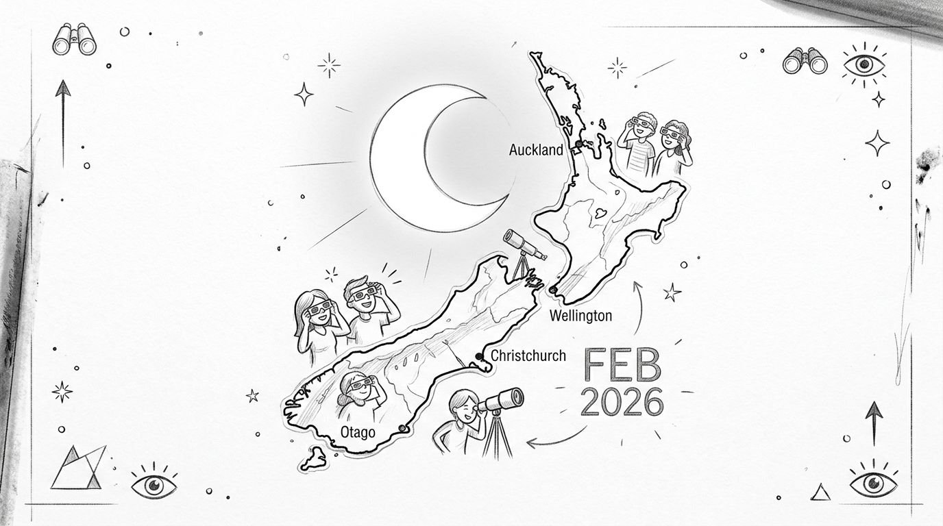 A hand-drawn illustration depicting a solar eclipse over a map of New Zealand in February 2026.
