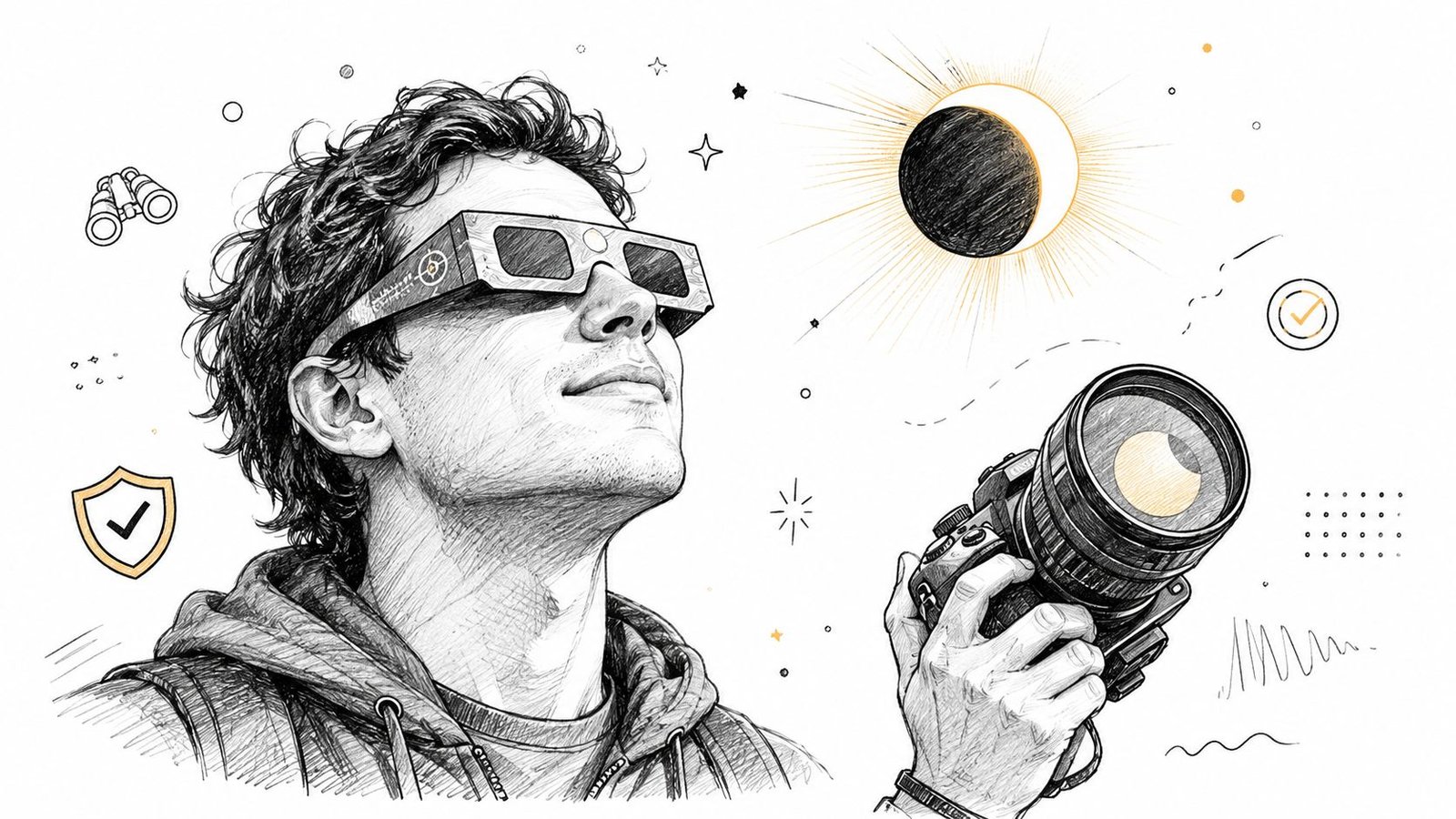 A person wearing eclipse glasses and holding a camera looking up at a solar eclipse in the sky.