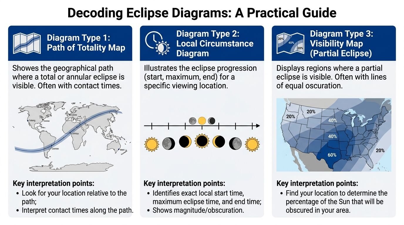 An infographic explaining the three common types of solar eclipse diagrams with examples for each.