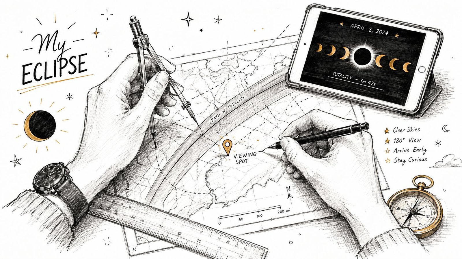 A detailed pencil drawing showing hands planning a trip to view the April 8, 2024 total solar eclipse.