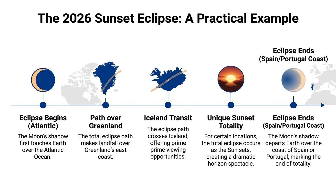 A timeline graphic showing the 2026 total solar eclipse path from the Atlantic Ocean through Greenland and Iceland.