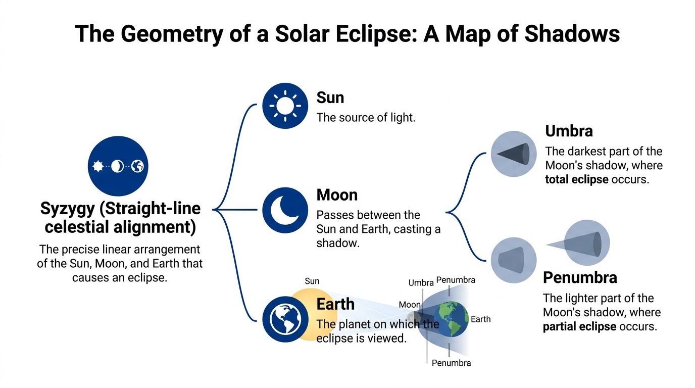A diagram explaining the geometry of a solar eclipse showing the Sun, Moon, and Earth alignment.
