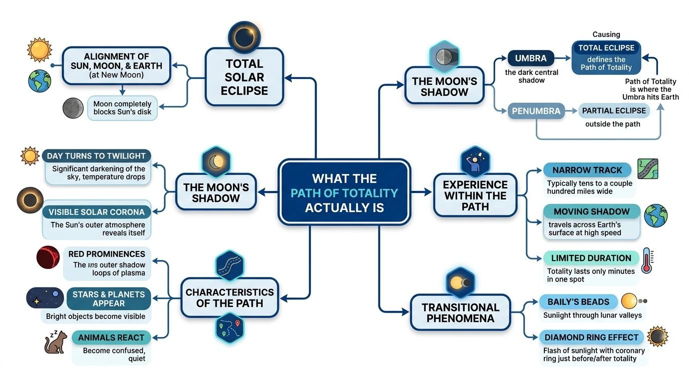 A comprehensive infographic explaining the science and visual experiences associated with a total solar eclipse path of totality.