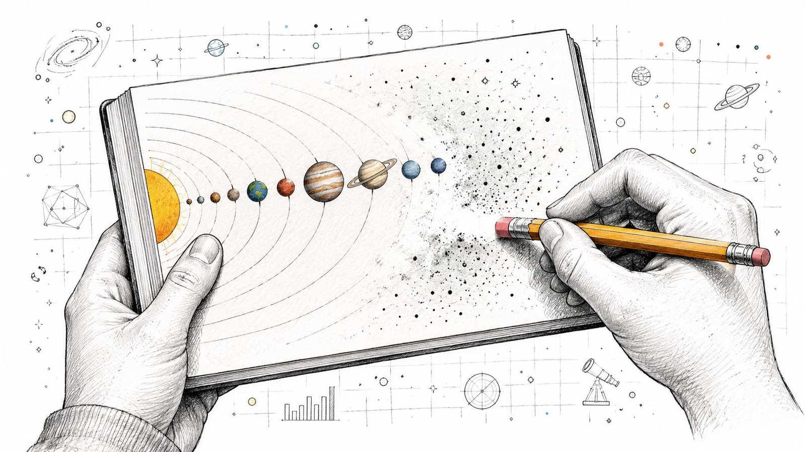 A hand drawing a solar system model in a notebook using a yellow pencil.