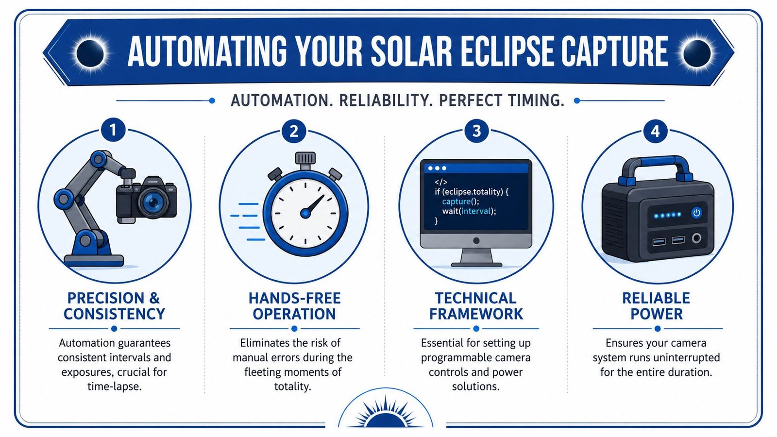 An infographic titled Automating Your Solar Eclipse Capture showing four steps for successful time-lapse photography.