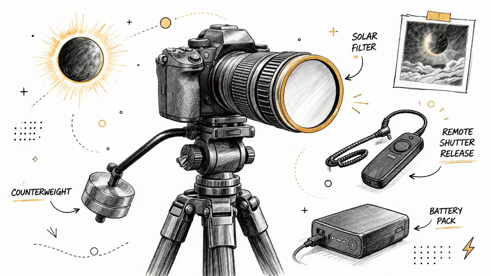 A detailed technical sketch showing camera equipment setup, including tripod, solar filter, and remote for solar eclipse photography.