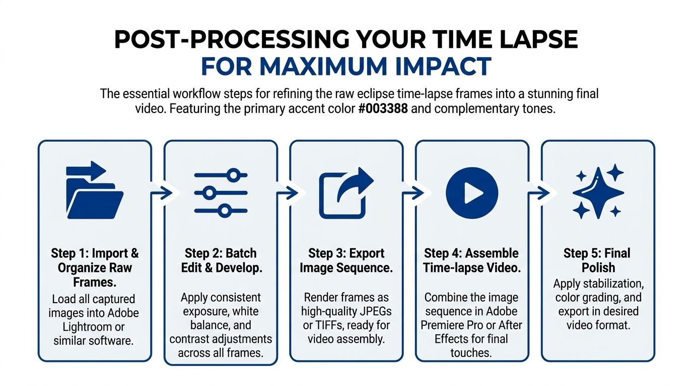 An infographic showing a five-step workflow for post-processing time-lapse photography, from importing files to final polish.