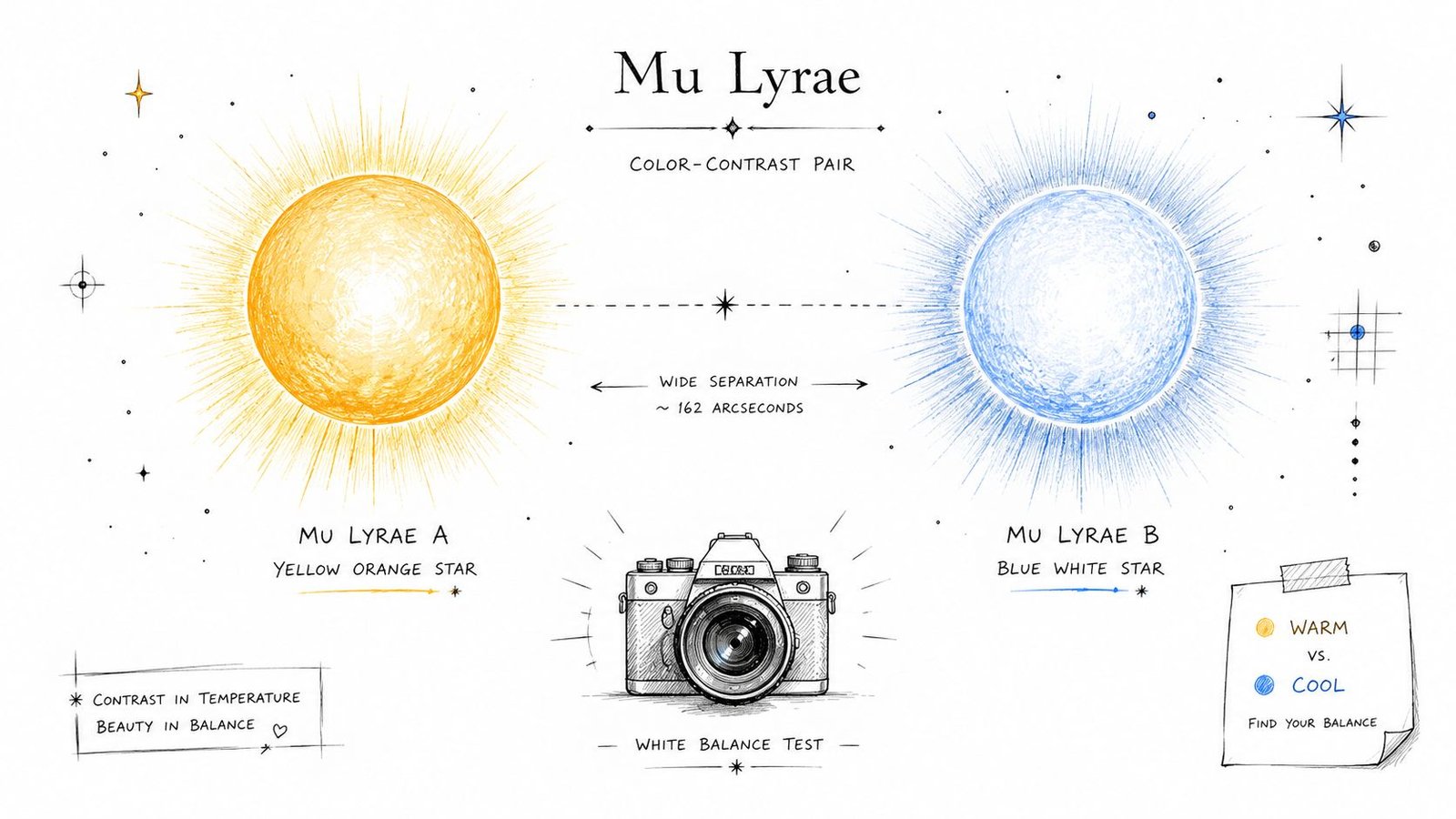 An illustrated diagram depicting the Mu Lyrae binary star system showing a yellow-orange star and blue-white star.