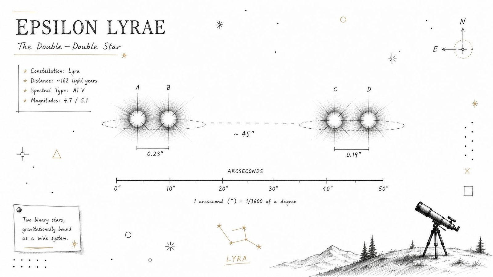 A detailed scientific infographic illustrating the Epsilon Lyrae double-double star system located in the Lyra constellation.