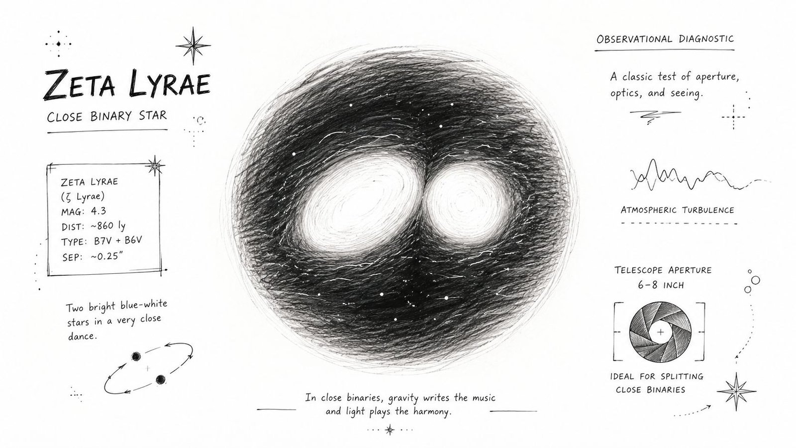 A detailed astronomical illustration of the close binary star system Zeta Lyrae in the constellation Lyra.