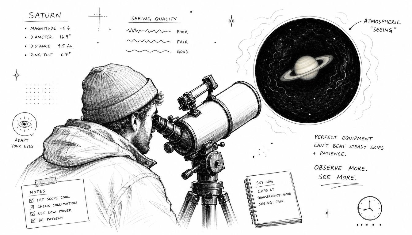 A person looking through a telescope at Saturn with notes on astronomy and atmospheric seeing conditions.