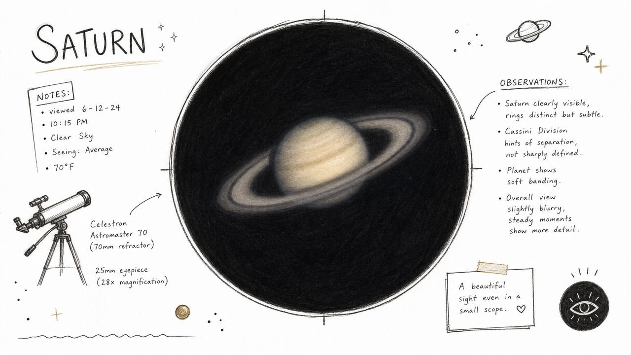 A hand-drawn illustration showing Saturn through a telescope with detailed observational notes and equipment information.