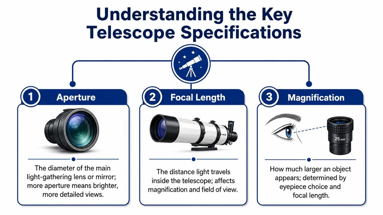 An infographic explaining key telescope specifications including aperture, focal length, and magnification for astronomy beginners.
