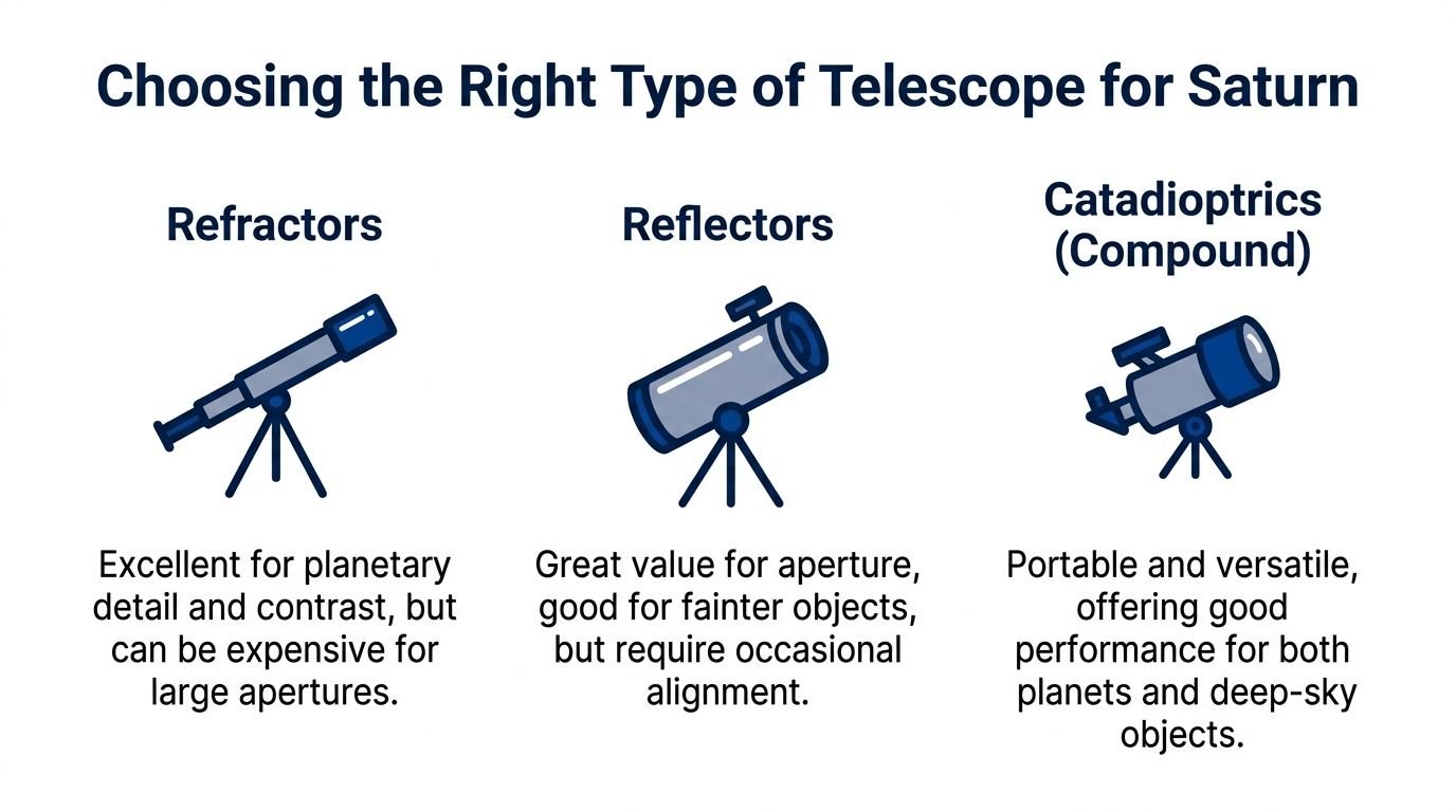 An infographic showing the three main types of telescopes for viewing Saturn: refractors, reflectors, and catadioptric telescopes.