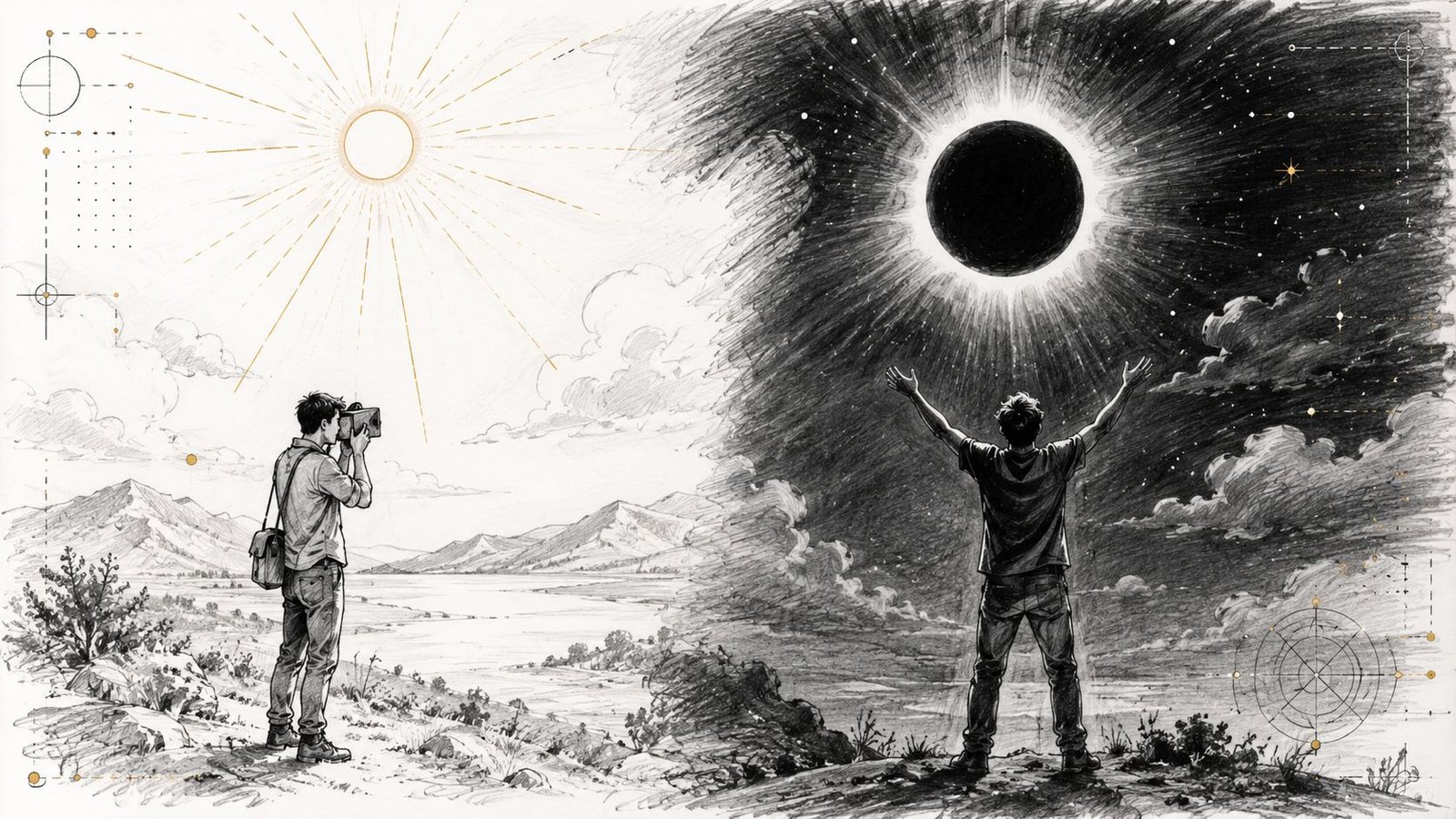 A pencil sketch showing a photographer capturing a bright sun and a person admiring a dark solar eclipse.