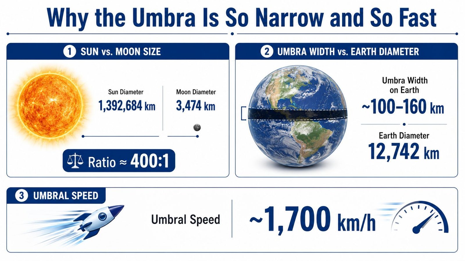 An infographic explaining why the solar eclipse umbra is narrow and fast using astronomical measurements.