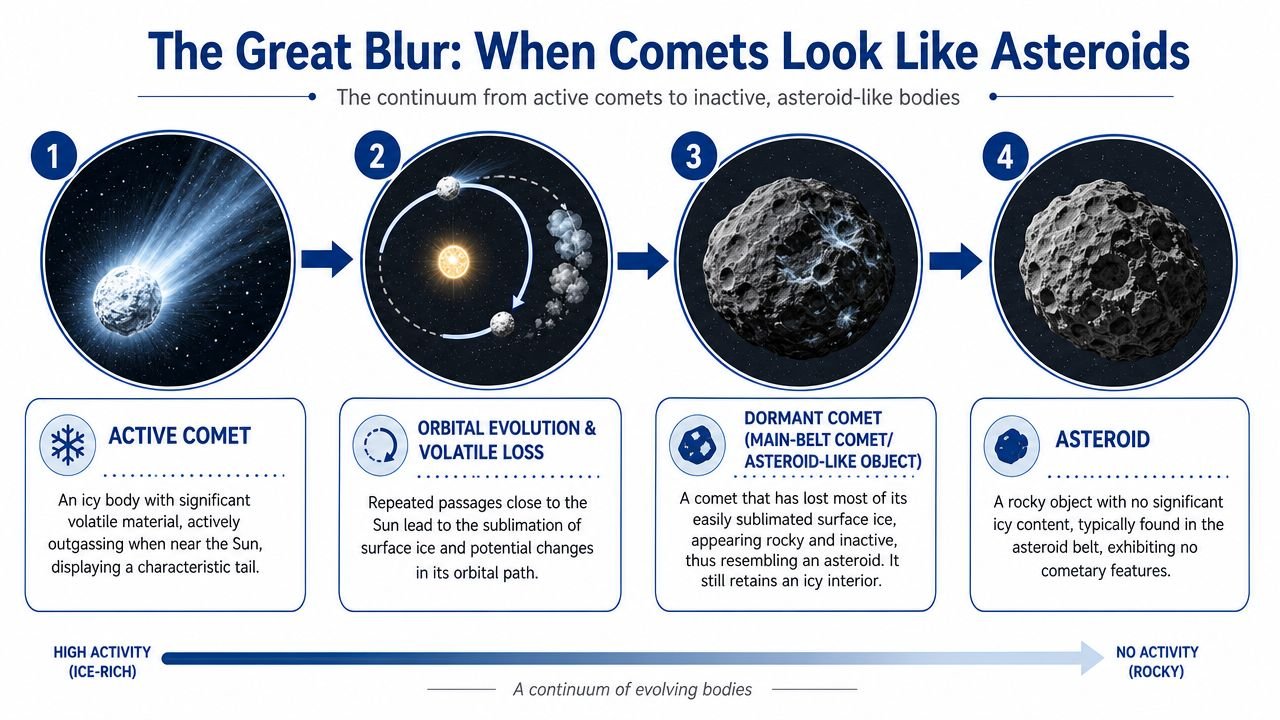A diagram illustrating the evolutionary continuum of celestial bodies from active icy comets to rocky inactive asteroids.