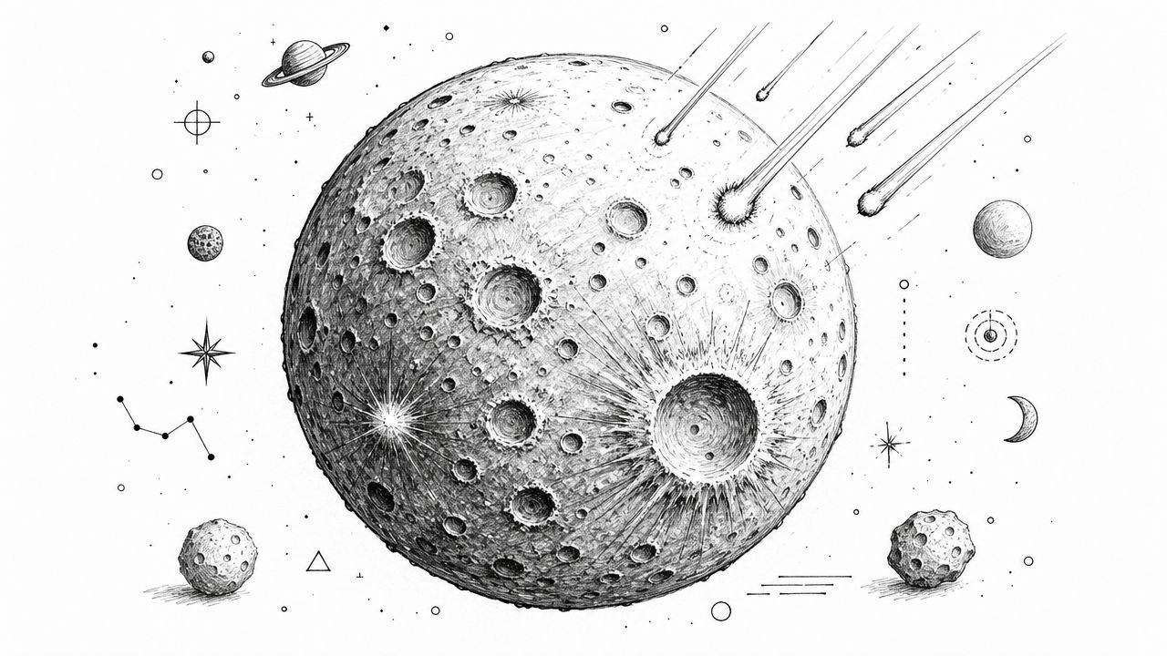 A detailed charcoal sketch of a cratered moon being struck by multiple glowing comets in space.