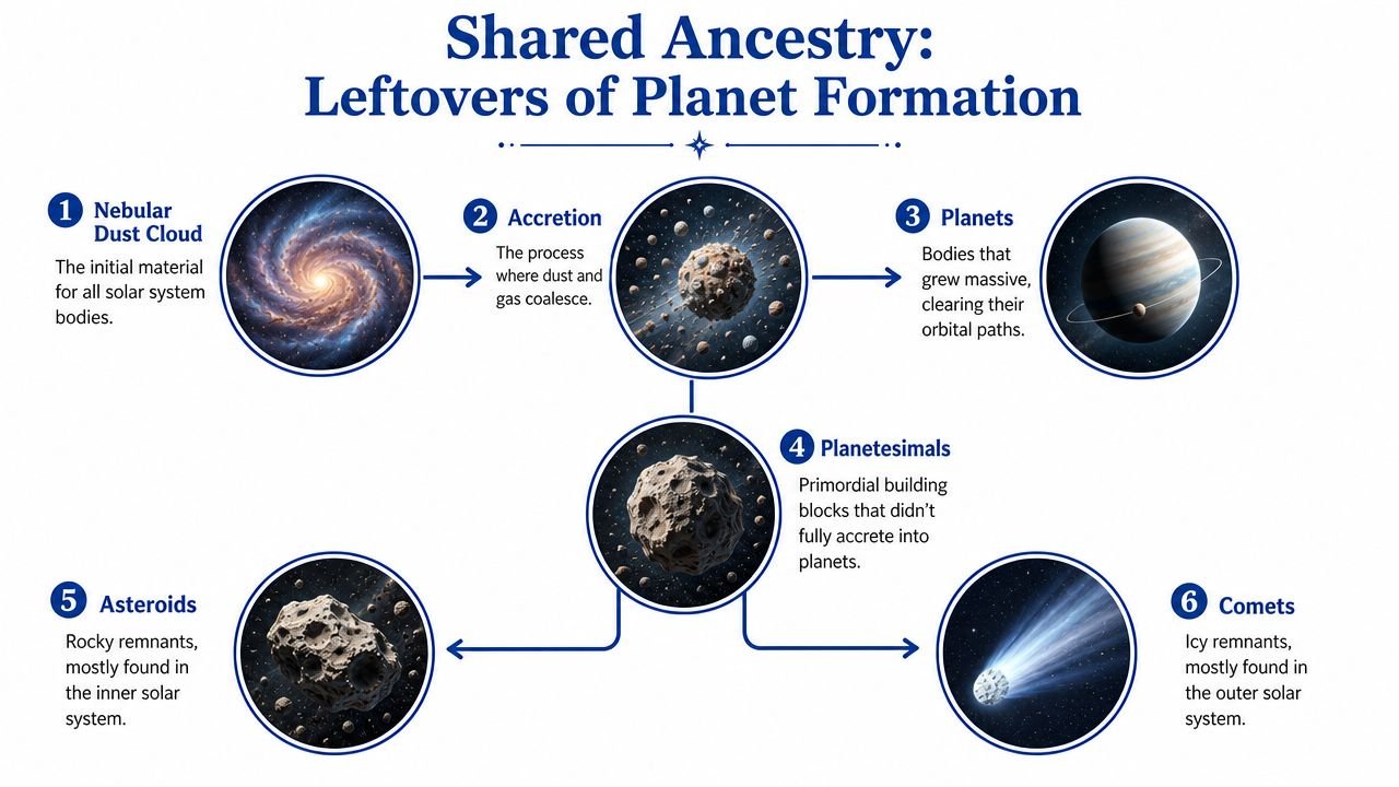 A diagram illustrating the solar system formation process showing how planets, asteroids, and comets share common origins.
