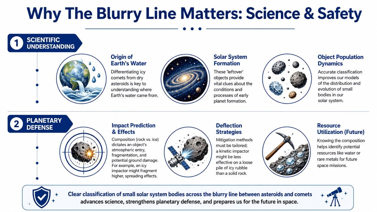 An infographic detailing the scientific and safety importance of distinguishing between asteroids and comets in space.