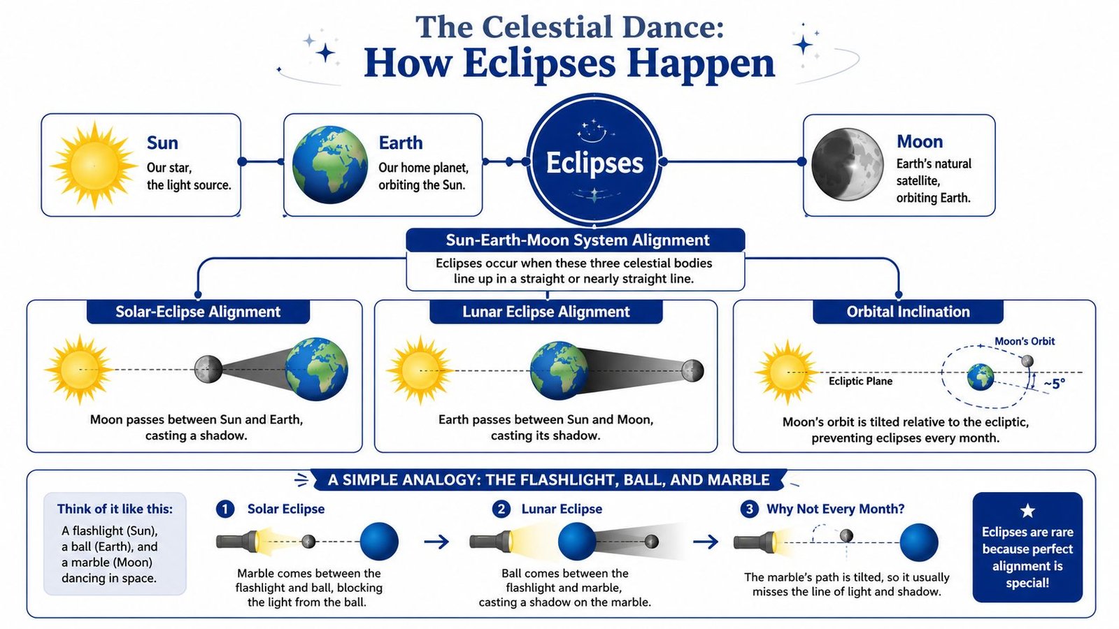 A diagram explaining solar and lunar eclipses, showing celestial alignments and a flashlight analogy.