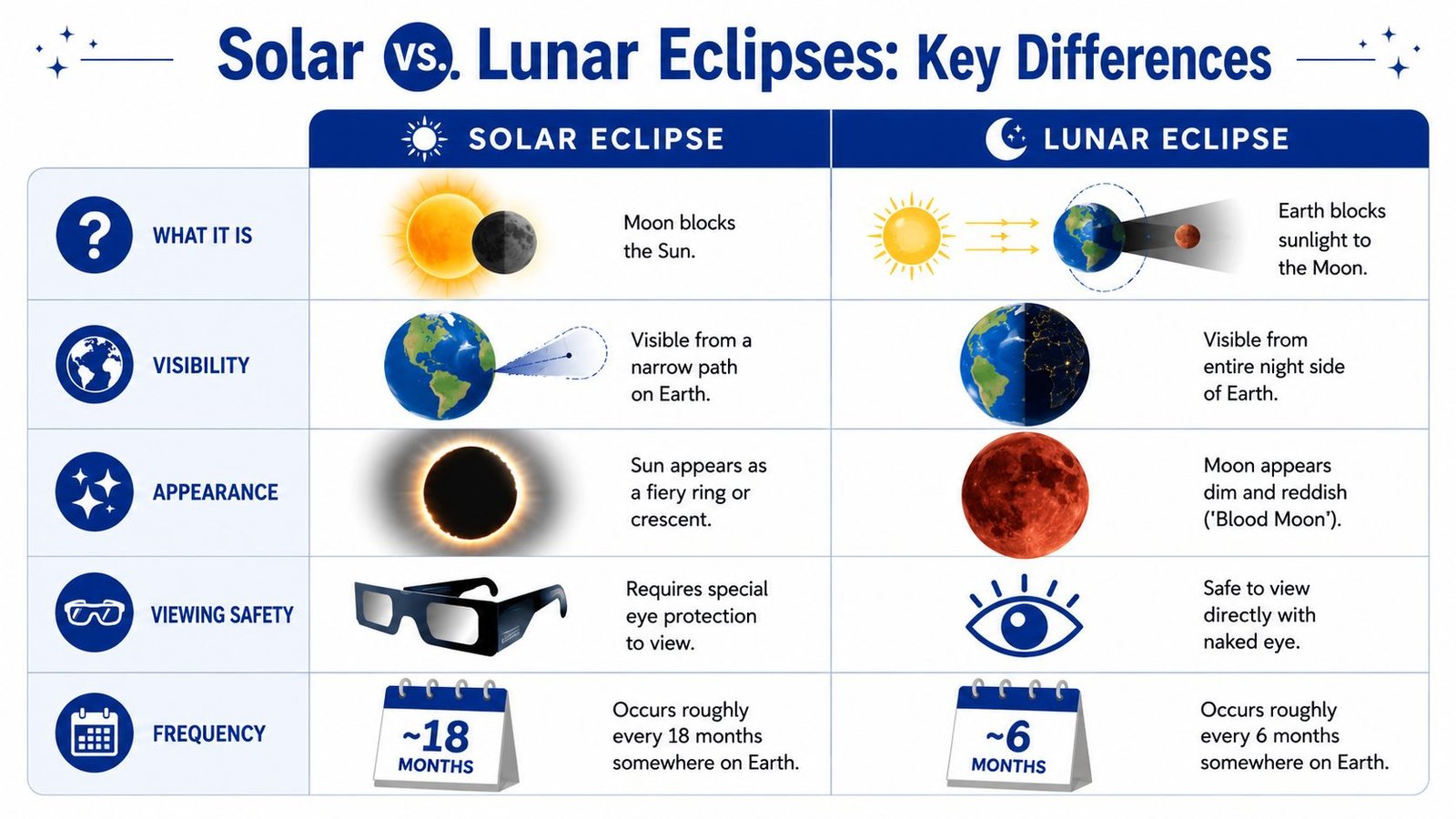 A comparison chart outlining the key differences between solar and lunar eclipses, including definitions, visibility, and safety.